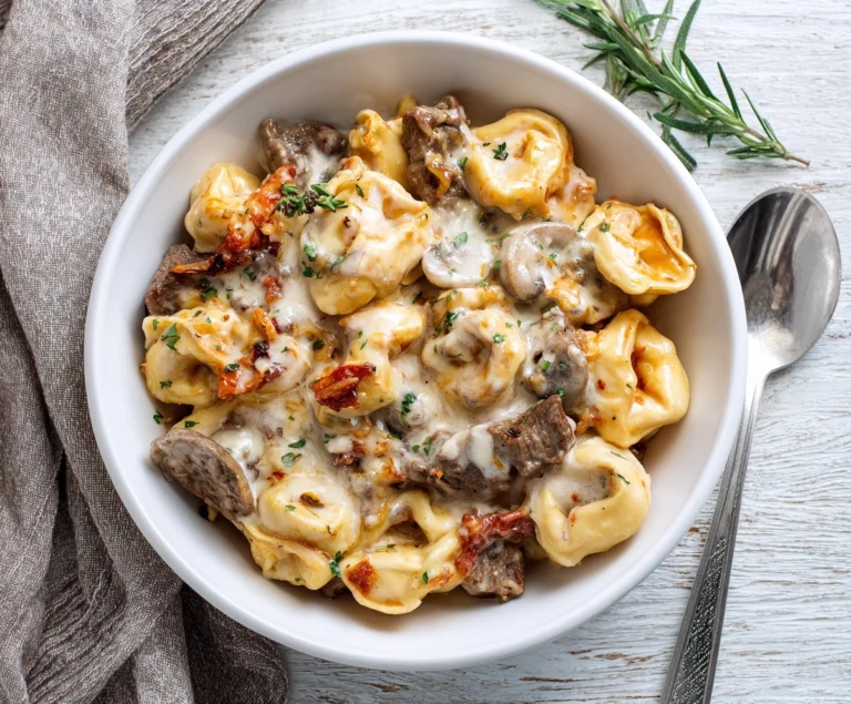 Cheese Steak Tortellini with Provolone Sauce Recipe